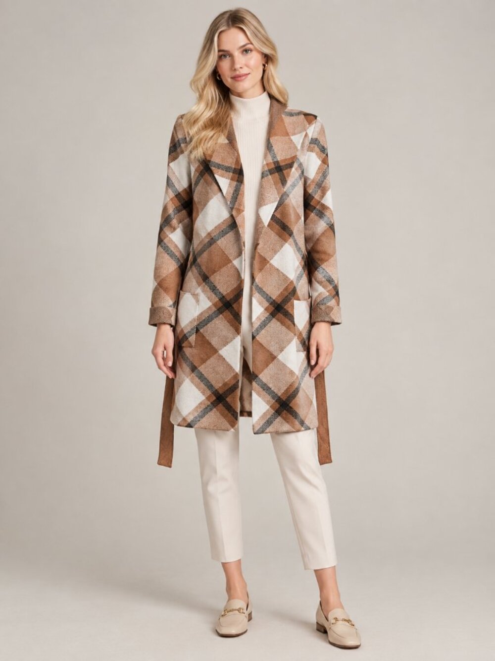 TAHARI Plaid Hooded Longline Wrap Coatigan Brown Multi Medium #A4576
